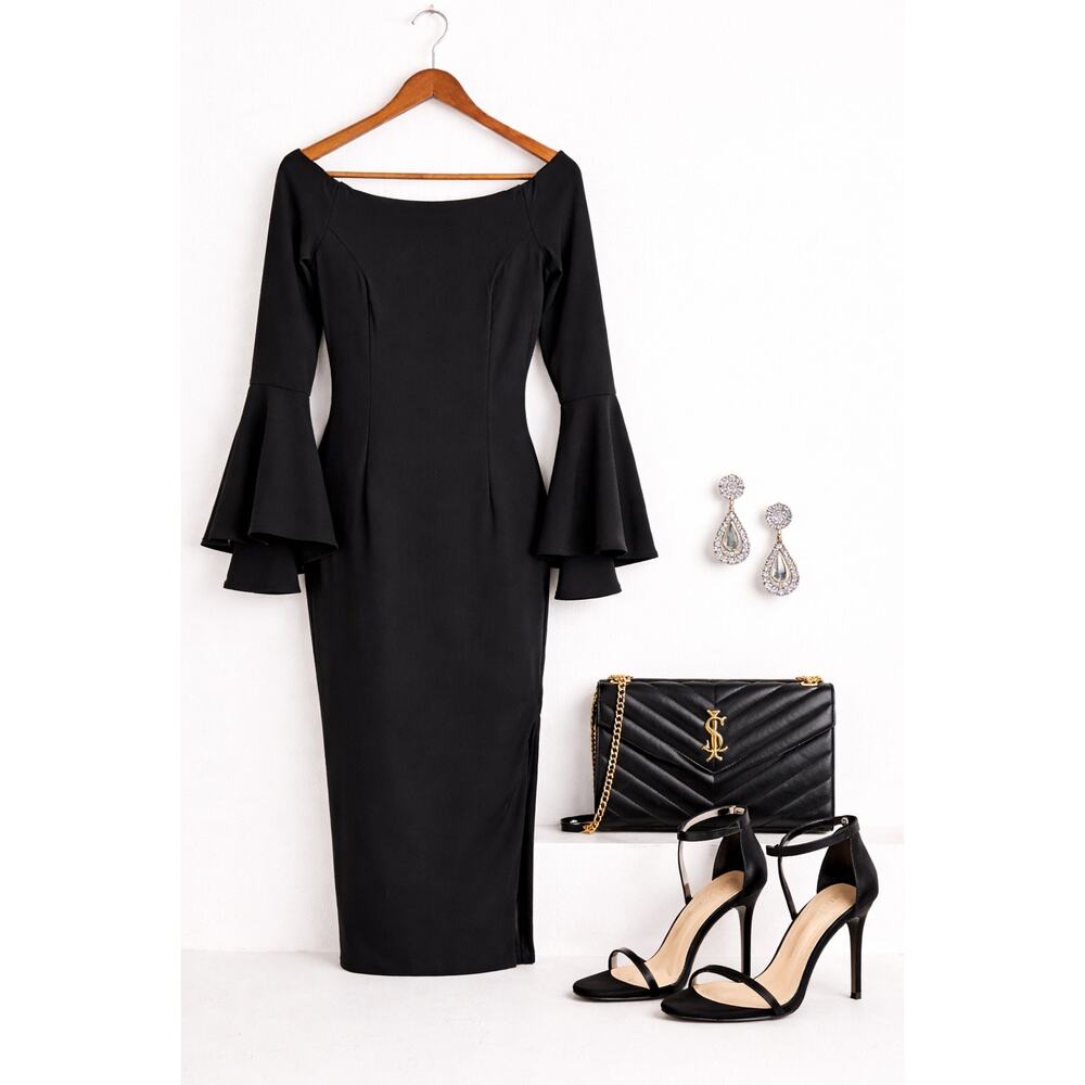 Bardot Solange Off Shoulder Black Midi Dress Bell Sleeve Bodycon Cocktail 6